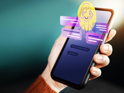 LiveChat Technology Concept. Customer Using Mobile Phone To Make Conversation with an Artificial Intelligence . Virtual Assistant for Customer Support Information
