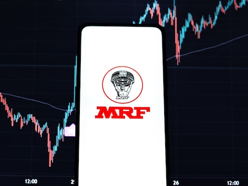 West Bangal, India - October 09, 2021 : MRF logo on phone screen stock image.