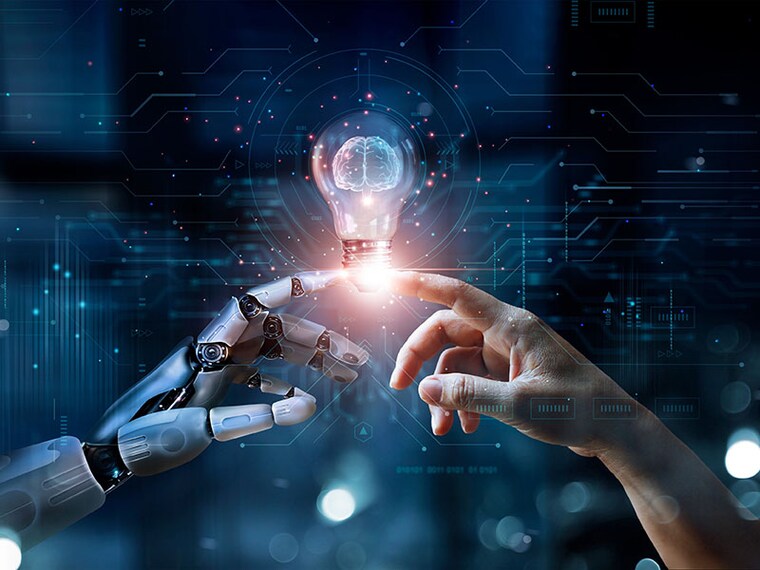 AI, Machine learning, Hands of robot and human touch on big data network, Brain data creative in light bulb, Science and artificial intelligence technology, innovation for futuristic.