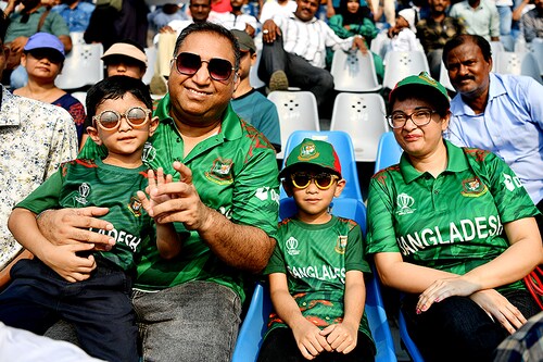Bangladeshi fans react in the crowd during the ICC Men's Cricket World Cup India 2023 between South Africa and Bangladesh at Wankhede Stadium on October 24, 2023 in Mumbai, India. Image: Alex Davidson-ICC/ICC via Getty Images