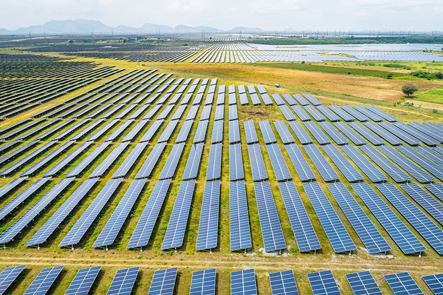 An aerial view of the Pavagada Solar Park on October 11, 2021 in Kyataganacharulu village, Karnataka, India. Image: Abhishek Chinnappa/Getty Images