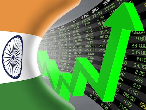 National flag of India with a large display of daily stock market price and quotations during economic booming period. The fate and mystery of New Delhi stock market, tunnel concept. 3d illustration.