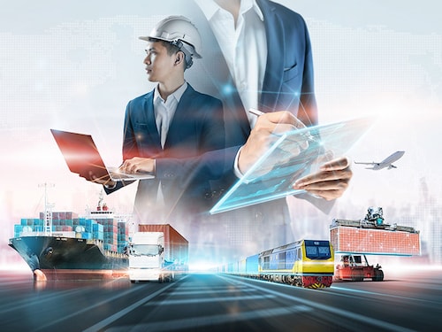 Business and technology digital future of cargo containers logistics transportation import export concept, Engineer using laptop online tracking control delivery distribution on world map background