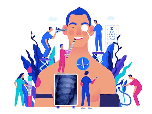 Annual health checkups -medical insurance illustration -modern flat vector concept digital illustration -doctors examing male patient checking hearing, vision, heart, lungs, blood pressure, blood test