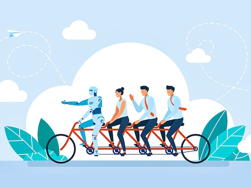A business team rides a tandem bicycle. A robot is driving. Artificial intelligence manages teamwork. Teamwork with robot. Cyberman in office life. Artificial intelligence manager. Flat illustration