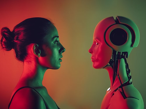 Robot and young woman face to face.