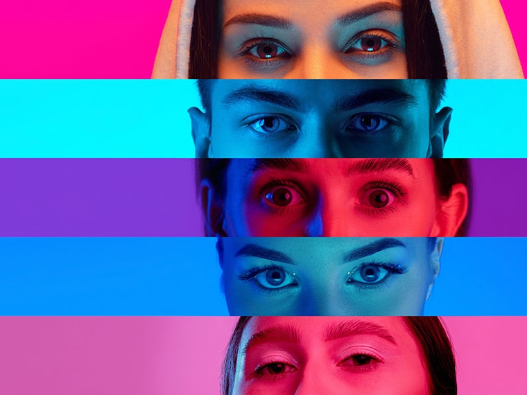 Kaleidoscope of emotions. Collage of close-up male and female eyes isolated on multicolored striped neon backgorund. Concept of equality, mixed ages, interests and gender. Diversity and human rights