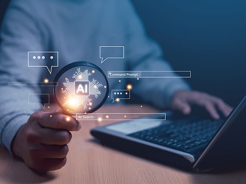 Searching for information in technology with AI systems concept, Businessman holding magnifying glass with command prompt, chat and AI search engine for data by connect to global internet network.