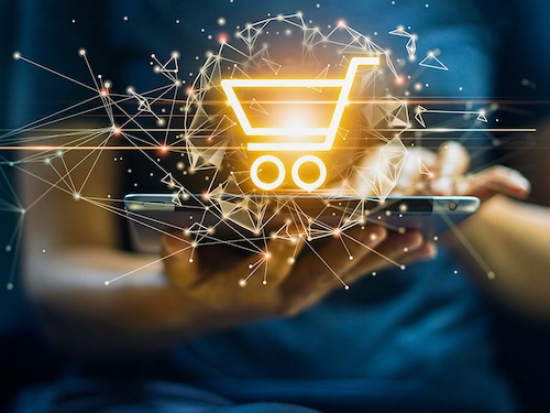 Woman hold digital tablet online shopping to digital cart with global network connection. Intelligent E-commerce app, internet banking payment and financial technology enable lifestyle convenience.
