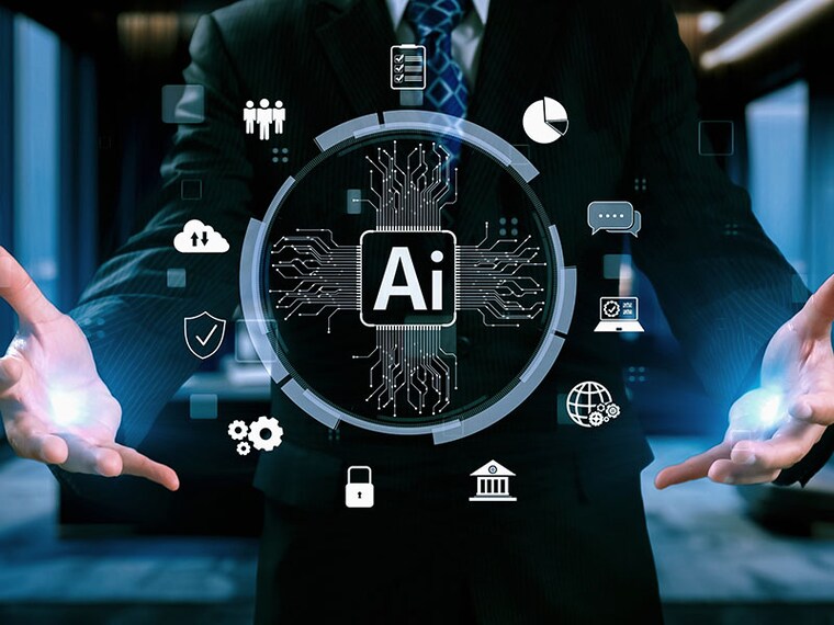 Human interact with AI artificial intelligence brain processor in concept of AI artificial intelligence engineering, big data and AI machine learning to use generative AI for business support. UUID