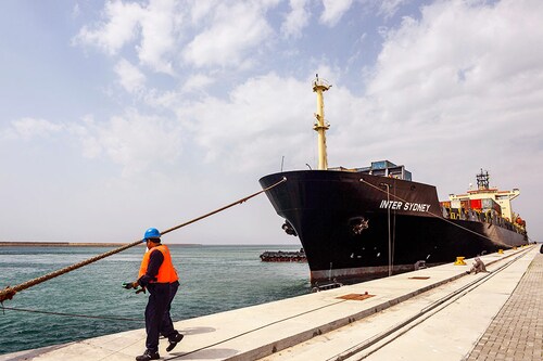 A cargo vessel is seen at Chabahar seaport during an inauguration ceremony for the first export convoy to India via Iran in Chabahar, Iran on February 25, 2019. Image: Fatemeh Bahrami/Anadolu Agency/Getty Images