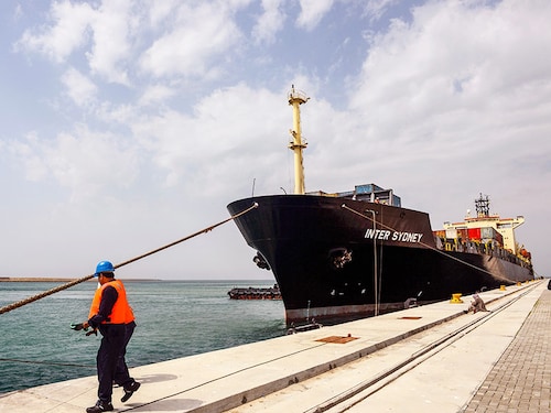 CHABAHAR, IRAN - FEBRUARY 25: A cargo vessel is seen at Chabahar seaport during an inauguration ceremony for the first export convoy to India via Iran in Chabahar, Iran on February 25, 2019. Afghan President Mohammad Ashraf Ghani on Sunday inaugurated the landmark trade corridor with India via the Chabahar port of Iran with maiden consignment of exports.



 (Photo by Fatemeh Bahrami/Anadolu Agency/Getty Images)