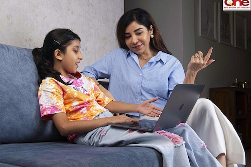 Ten years old Inaaya Abrol with her mom Yuvika Abrol at their home in Navi Mumbai. 1st August, 2025. 
Class 5th student Inaaya is learning AI tools like Chat GPT in her school which at times help in creating insightful school projects. Image: Amit Verma