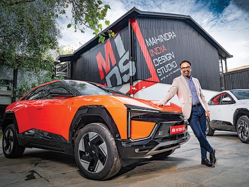 Pratap Bose at the Mahindra India Design Studio in Mumbai with electric SUVs BE 6 and XEV 9e. Image: Mexy Xavier