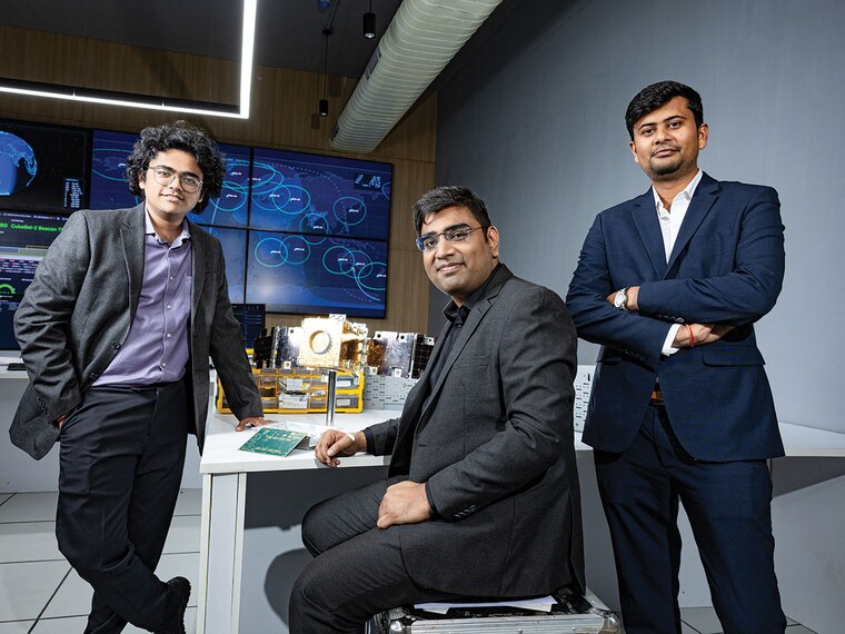 (From left) Kishan Thakkar, Suyash Singh and Denil Chawda, co-founders of GalaxEye
Image: Madhu Kapparath
