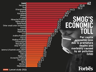 Post-Diwali smog could hammer India's finances. Delhi, Haryana and Goa lead in per-capita economic loss from premature deaths due to air pollution. Air pollution cost India 1.36% of its GDP in lost output and an estimated $11.9 billion in healthcare in 2019. This massive economic drain threatens human capital and growth goals.
