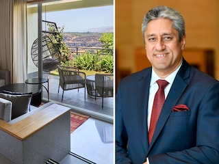 :   (Left) Cliff view at the Athiva Khandala. (Right) Sanjay Sethi, Managing Director and CEO, Chalet Hotels