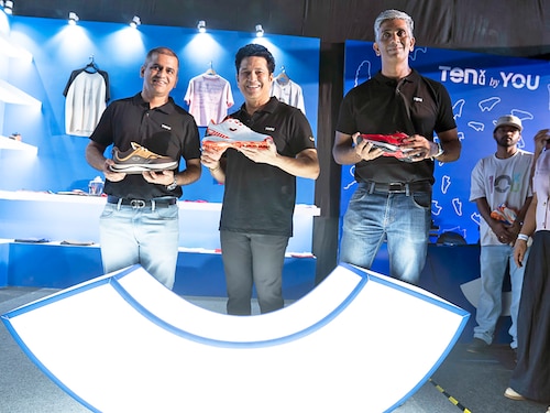 Former Indian cricketer Sachin Tendulkar launches his sports apparel and footwear brand, TEN XU, in Mumbai on October 10, 2025. 
Image: Mexy Xavier