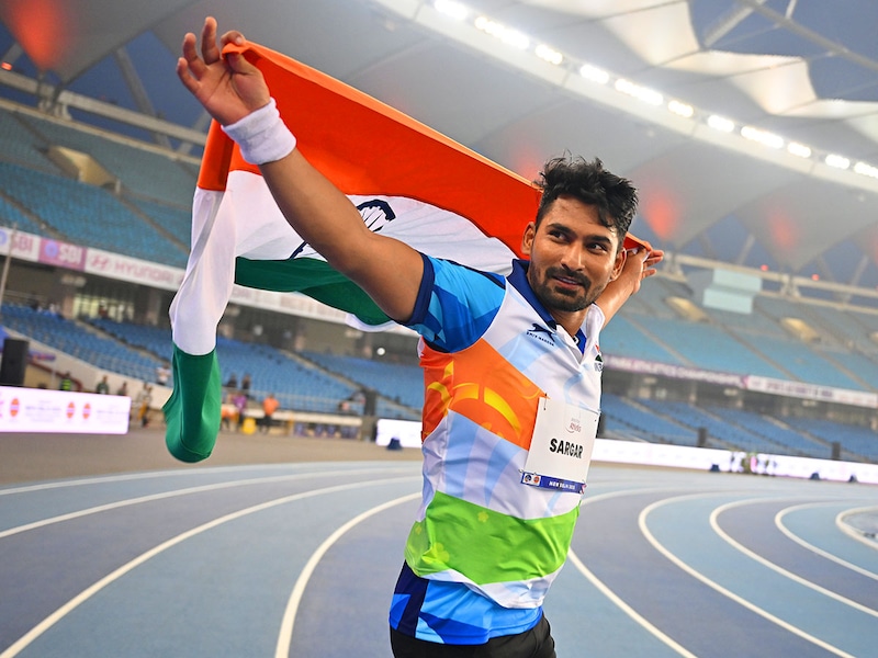 Sandip Sanjay Sargar of Team India celebrates after winning gold in the men’s javelin throw F44 event on day four of the World Para Athletics Championships at Jawaharlal Nehru Stadium, New Delhi, on September 30, 2025.