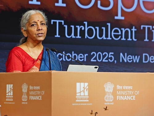 The Union Minister for Finance and Corporate Affairs, Smt. Nirmala Sitharaman addressing the gathering at the 4th Edition of Kautilya Economic Conclave on Seeking Prosperity in Turbulent Times at Taj Palace Hotel, in New Delhi on October 03, 2025. 
Image: PIB