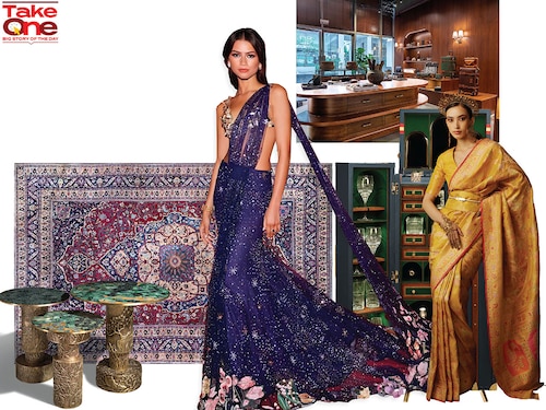 (From left) Vikram Goyal’s Fort Kochi side table in brass, with patinated finish and semi precious stone inserts; an antique rug from the Khourasan region of Central
Asia available at Jaipur Rugs; actor Zendaya in a Rahul Mishra saree; Rajputana Bar Cabinet Trunk by Trunks Company; the Nappa Dori experiential store in Gurugram; a handwoven Banarasi zari saree by Ekaya Banaras
