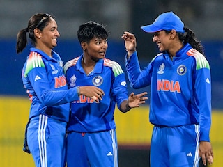 India's Kranti Goud (Centre) celebrates with captain Harmanpreet Kaur (Left) and teammate Smriti Mandhana after taking the wicket of Pakistan's Aliya Riazduring the ICC Women's Cricket World Cup 2025 one-day international (ODI) match between India and Pakistan in Colombo, on October 5, 2025. India won by 88 runs.
Image: Ishara S. Kodikara / AFP