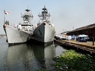 INS Khanjar and INS Kora, the missile corvettes of Indian navy are pictured at the Khidderpore dock, during navy week celebrations in Kolkata on November 28, 2025; Photo by DIBYANGSHU SARKAR / AFP