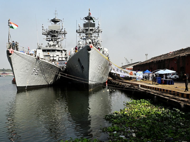 INS Khanjar and INS Kora, the missile corvettes of Indian navy are pictured at the Khidderpore dock, during navy week celebrations in Kolkata on November 28, 2025; Photo by DIBYANGSHU SARKAR / AFP