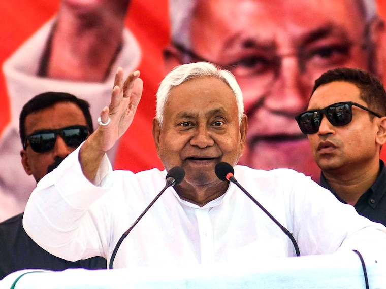 (File) Bihar Chief Minister Nitish Kumar addressing during a public rally in support of BJP candidate Ramkripal Yadav at Danapur  on October 24, 2025 in Patna, India. Image: Santosh Kumar/Hindustan Times via Getty Images