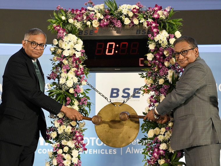 N Chandrasekaran, chairman of Tata Sons and Tata Group, and Sundararaman Ramamurthy, Managing Director and Chief Executive Officer of Bombay Stock Exchange, ring the bell during the listing ceremony of Tata Motors Limited, the commercial vehicle business entity following the demerger at Bombay Stock Exchange (BSE) in Mumbai, India, on November 12, 2025.