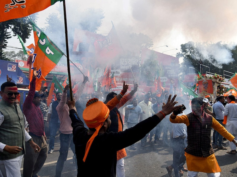 Bharatiya Janata Party (BJP) supporters celebrate as early trends show the ruling National Democratic Alliance leading in the Bihar state assembly election results, in Patna, India, November 14, 2025.