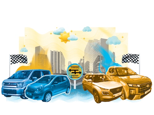 While Maruti Suzuki is steering towards entry-level cars, Hyundai Motor India is doubling down on sport utility vehicles (SUVs).
Illustration: Chaitanya Dinesh Surpur While Maruti Suzuki is steering towards entry-level cars, Hyundai Motor India is doubling down on sport utility vehicles (SUVs).
Illustration: Chaitanya Dinesh Surpur