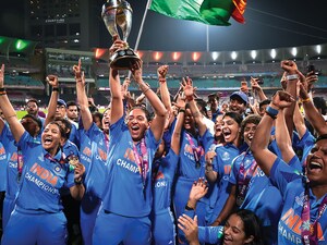 Harmanpreet Kaur holds up the World Cup trophy after her team’s victory in the ICC Women’s Cricket World Cup India 2025 Final match between India and South Africa at Dr DY Patil Sports Academy on November 2 in Navi Mumbai;
Photo by Nikhil Patil/Getty Images
