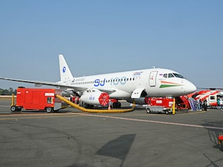 Hindustan Aeronautics Limited (HAL) Super Jet (SJ-100) aircraft is pictured at Begumpet airport in Hyderabad on January 27, 2026. Photo by NOAH SEELAM / AFP
