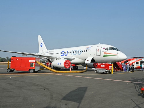 Hindustan Aeronautics Limited (HAL) Super Jet (SJ-100) aircraft is pictured at Begumpet airport in Hyderabad on January 27, 2026. Photo by NOAH SEELAM / AFP Hindustan Aeronautics Limited (HAL) Super Jet (SJ-100) aircraft is pictured at Begumpet airport in Hyderabad on January 27, 2026. Photo by NOAH SEELAM / AFP