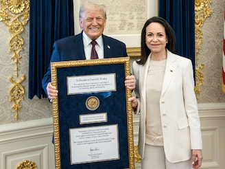Maria Corina Machado presents her Nobel Peace Prize medal to US President Donald Trump at the White House on 15 January 2026, which Trump described as a “wonderful gesture”. The White House said it would keep the medal.