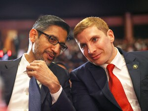 Google and Alphabet CEO Sundar Pichai and U.S. Under Secretary of State for Economic Affairs, Jacob Helberg attend a session at the AI Impact Summit, in New Delhi, India, February 20, 2026.  Photo by Reuters/Bhawika Chhabra