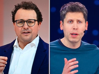 (L to R) Dario Amodei, co-founder and CEO of Anthropic and Sam Altman, CEO Open AI. Photos by AFP