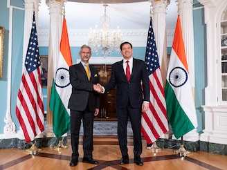 Secretary of State Marco Rubio shakes hands with Indian External Affairs Minister Subrahmanyam Jaishankar at The State Department on February 3, 2026 in Washington, DC. The meeting between Secretary Rubio and External Affairs Minister Jaishankar meeting comes on the heels of a new trade deal announced by the Trump Administration, lowering the tariffs on India from 50 percent to 18 percent. Photo by Luke Johnson/Getty Images