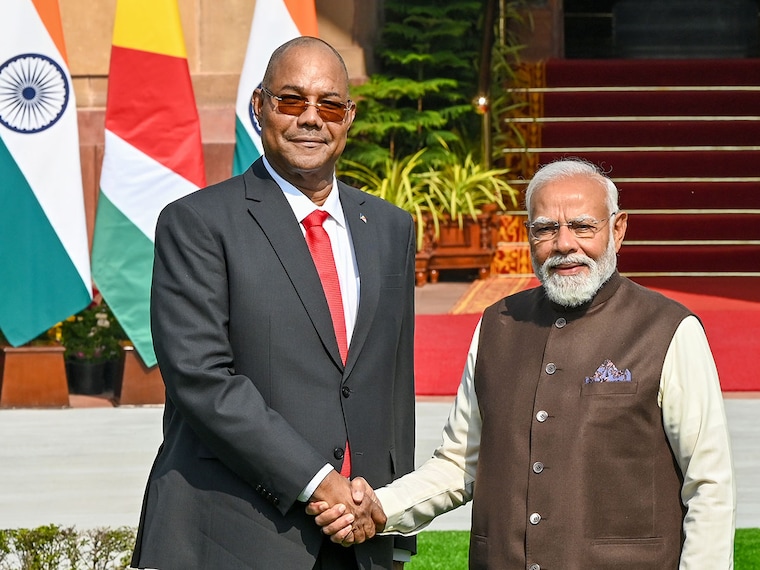 Prime Minister Narendra Modi shakes hands with Seychelles President Patrick Herminie ahead of their meeting at Hyderabad House on February 9, 2026 in New Delhi, India. Photo by Ajay Aggarwal/Hindustan Times via Getty Images
