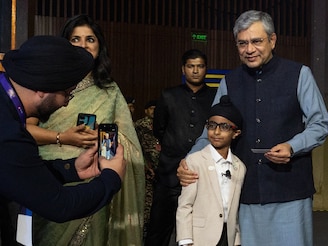 Eight-year-old Ranvir Sachdeva, the youngest speaker at the AI Impact Summit, greets Ashwini Vaishnaw, Minister for Railways, Information & Broadcasting, and Electronics & IT, on the sidelines of the News18 Rising Bharat Summit in New Delhi on February 27, 2026. Ranvir surprised the audience with his oratory skills on stage at the Bharat Summit. Photo by Madhu Kapparath