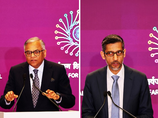Tata Group CEO Natarajan Chandrasekaran (left); Google CEO Sundar Pichai onstage during the AI Impact Summit in New Delhi on February 19, 2026.
Photos by Ludovic Marin / AFP