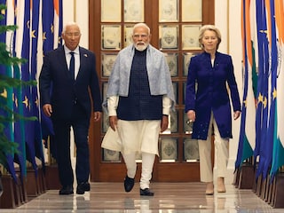 Prime Minister Narendra Modi with European Council President Antonio Luis Santos da Costa (left) and European Commission President Ursula von der Leyen (right) ahead of the Exchange of MoUs in New Delhi on January 27.
Photo by Press Informattion Bureau