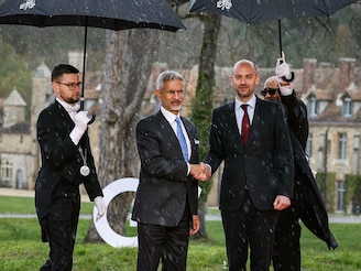 France's Foreign Affairs Minister Jean-Noel Barrot welcomes Indiaís Foreign Minister S. Jaishankar before a G7 Foreign Ministers' meeting with Partner Countries for talks on Russia's war in Ukraine and the Middle East situation at the Vaux-de-Cernay Abbey in Cernay-la-Ville outside Paris, on March 26, 2026. Foreign ministers from the G7 will take part part in a two-day meeting with European nations and allies seeking to narrow differences with the US on the Middle East war while keeping other crises like Ukraine and Gaza high on the agenda. Photo by Alain Jocard / AFP