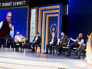 (From right) Abhishek Singh, Additional Secretary, MeitY speaks with panelists
Shashi Shekhar Vempati, Co-Founder DeepTech, Bharat Foundation; Spiros Margaris, Venture Capitalist & Founder, Margaris Ventures; Dr Nagendra Nagaraja, Founder, CEO & Chairman, QpiAI and Sunil Gupta, Co-founder & CEO, QNu Labs at a panel on 'Bharat's Encryption Theorem: AI, Capital & Capability' at the Rising Bharat Summit in New Delhi on February 28, 2026.
Photo by Madhu Kapparath