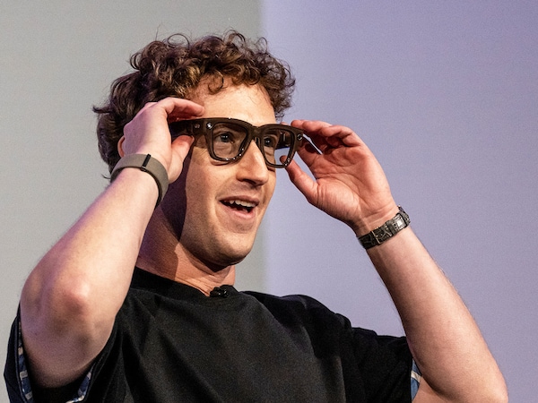 A file photo of Mark Zuckerberg, CEO of Meta Platforms Inc., in a pair of Meta Ray-Ban Display AI glasses
Photo by David Paul Morris/Bloomberg via Getty Images