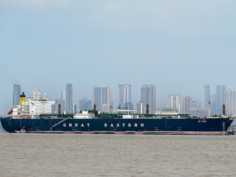 Jag Vasant, an Indian-flagged tanker carrying liquefied petroleum gas (LPG) that transited through the Strait of Hormuz amid the Middle East war, remains docked at an offloading terminal along the coast in Mumbai on April 1, 2026. India's oil ministry said on April 1 domestic jet fuel prices would rise as the Middle East war pushed up energy costs, but that it had cushioned airlines from an expected 100 percent jump. Photo by Punit Paranjpe / AFP
