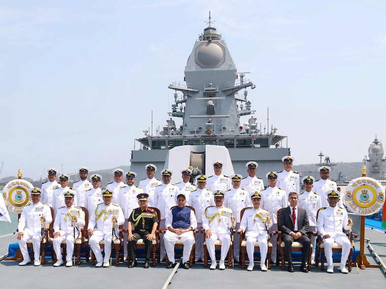 The Union Minister for Defence, Shri Rajnath Singh in a group photograph during the commissioning ceremony of INS Taragiri in Visakhapatnam, Andhra Pradesh on April 03, 2026. Photo by PIB.