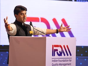 Jyotiraditya Scindia, Union Minister of Communications speaks at IFQM Symposium 2026 in New Delhi on Monday; Photo by Madhu Kapparath