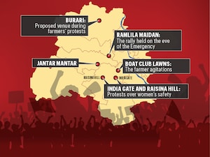 Delhi’s protest venues have evolved from Boat Club lawns to Jantar Mantar, hosting farmers’ agitations and calls for justice. Graphic by Mukesh Singh